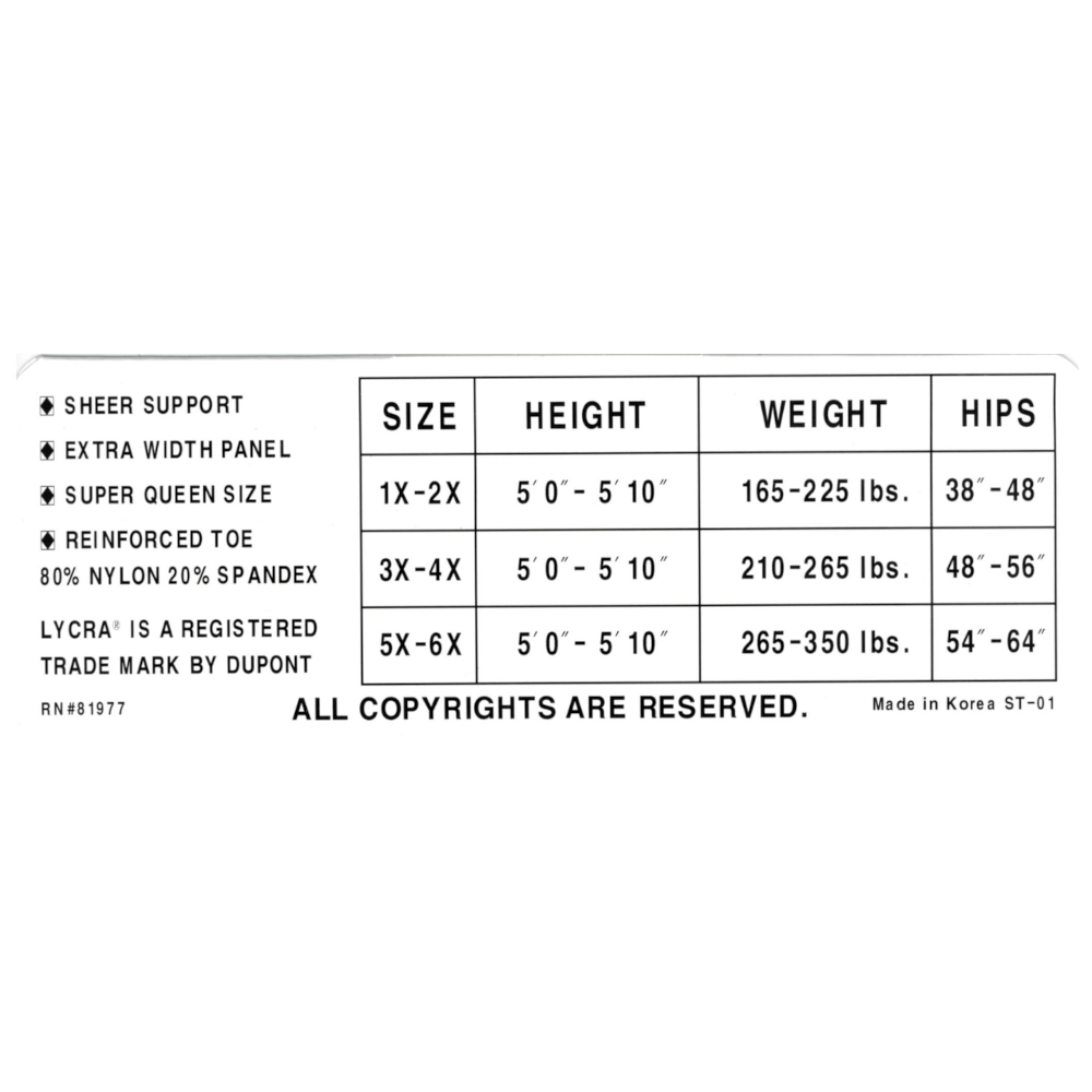 009XLQ | Plus Size Heavy Support Support Sheer Pantyhose with Spandex (6 Pairs)