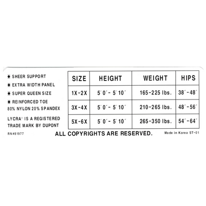 009XLQ | Plus Size Heavy Support Support Sheer Pantyhose with Spandex (6 Pairs)